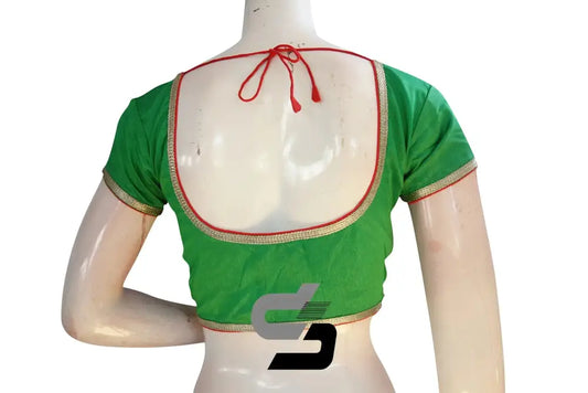 Green Color Raw Silk Embroidery Designer Party Wear Readymade Blouse/ Indian Crop Tops - D3blouses