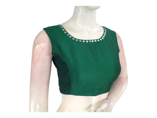 Green Color Semi silk Boat Neck Readymade Saree blouse - D3blouses