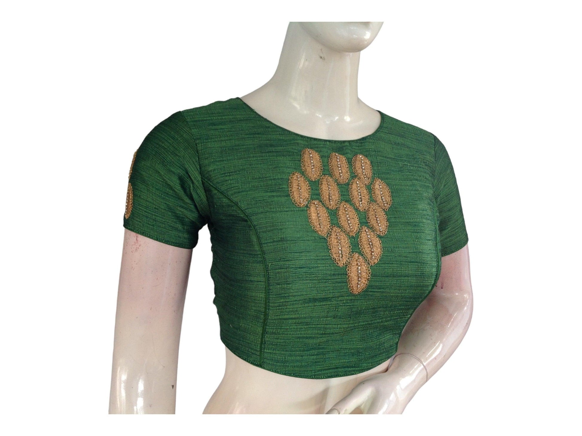 Green Color Semi Silk Designer Embroidery Croptop Blouse, Indian Readymade Saree Blouse - D3blouses