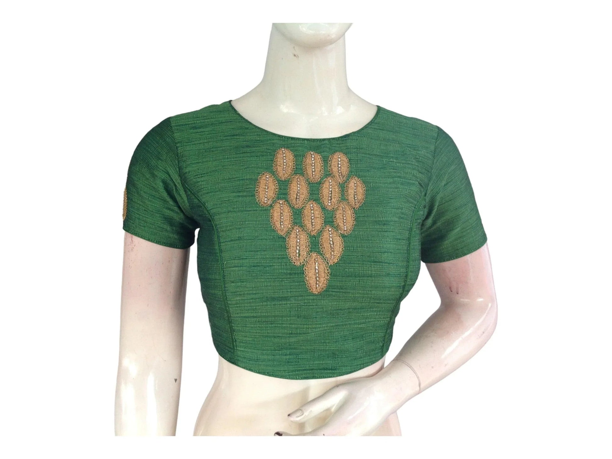 Green Color Semi Silk Designer Embroidery Croptop Blouse, Indian Readymade Saree Blouse - D3blouses