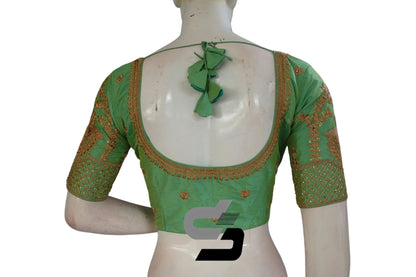 Green Color Semi Silk Designer Embroidery Readymade Saree Blouse - D3blouses