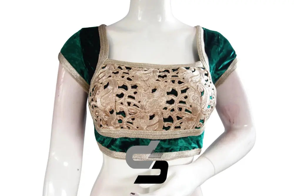 Green Color Velvet Designer Party Wear Readymade Blouse/ Indian Crop Tops - D3blouses