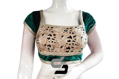 Green Color Velvet Designer Party Wear Readymade Blouse/ Indian Crop Tops - D3blouses