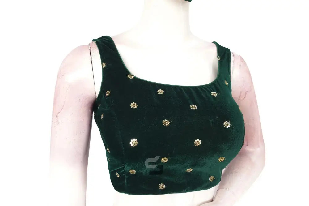 Green Color Velvet Readymade Saree Blouse - D3blouses