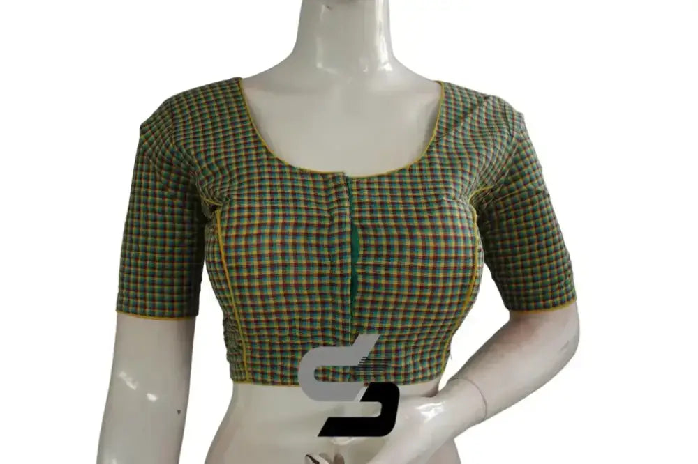 Green Cotton Checks Readymade Saree Blouse (Princess Cut)