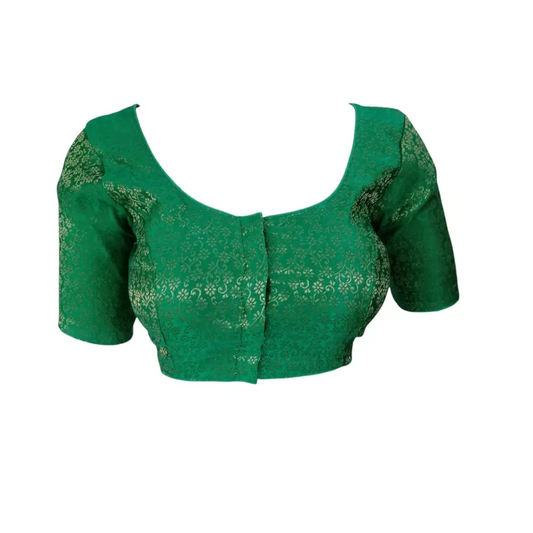 Green Elegance: Designer Brocade Silk Readymade Saree Blouse - D3blouses