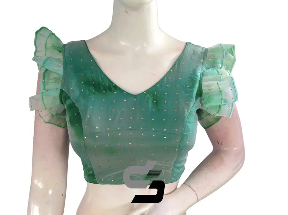 Green Oasis, Tie Dye Designer V Neck Georgette Saree Blouse with Ruffle Sleeves - D3blouses