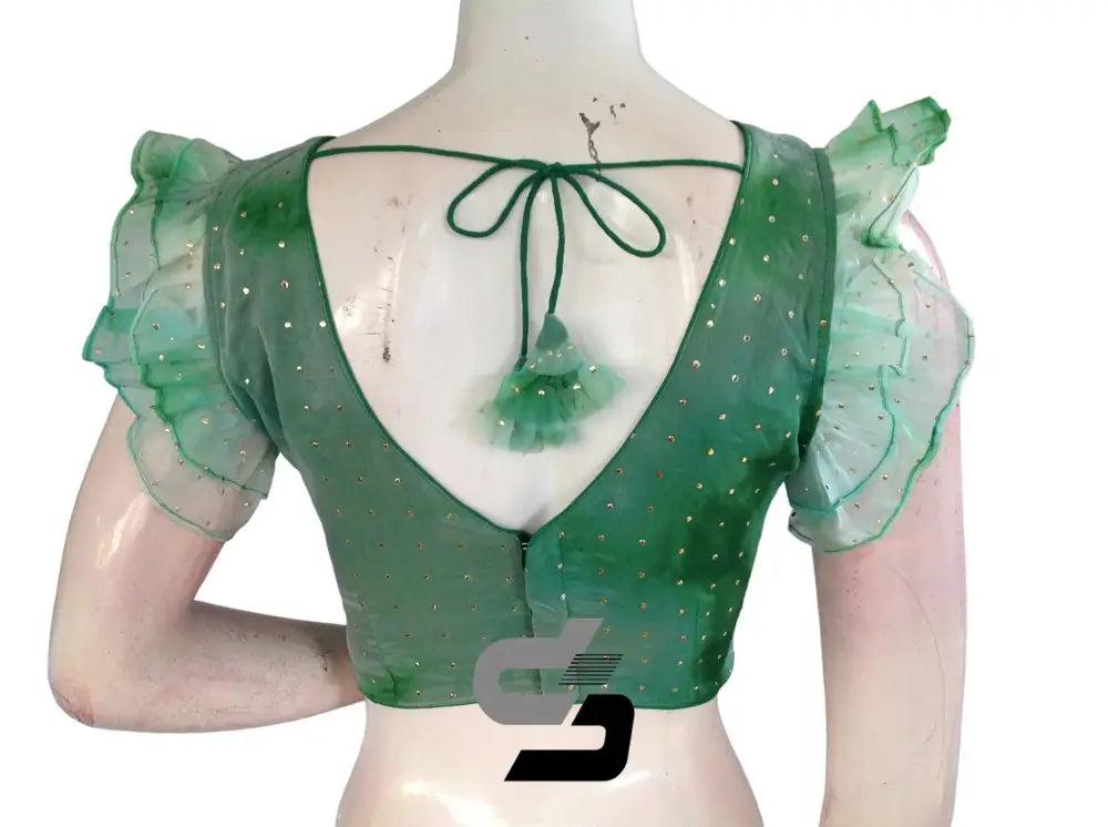 Green Oasis, Tie Dye Designer V Neck Georgette Saree Blouse with Ruffle Sleeves - D3blouses