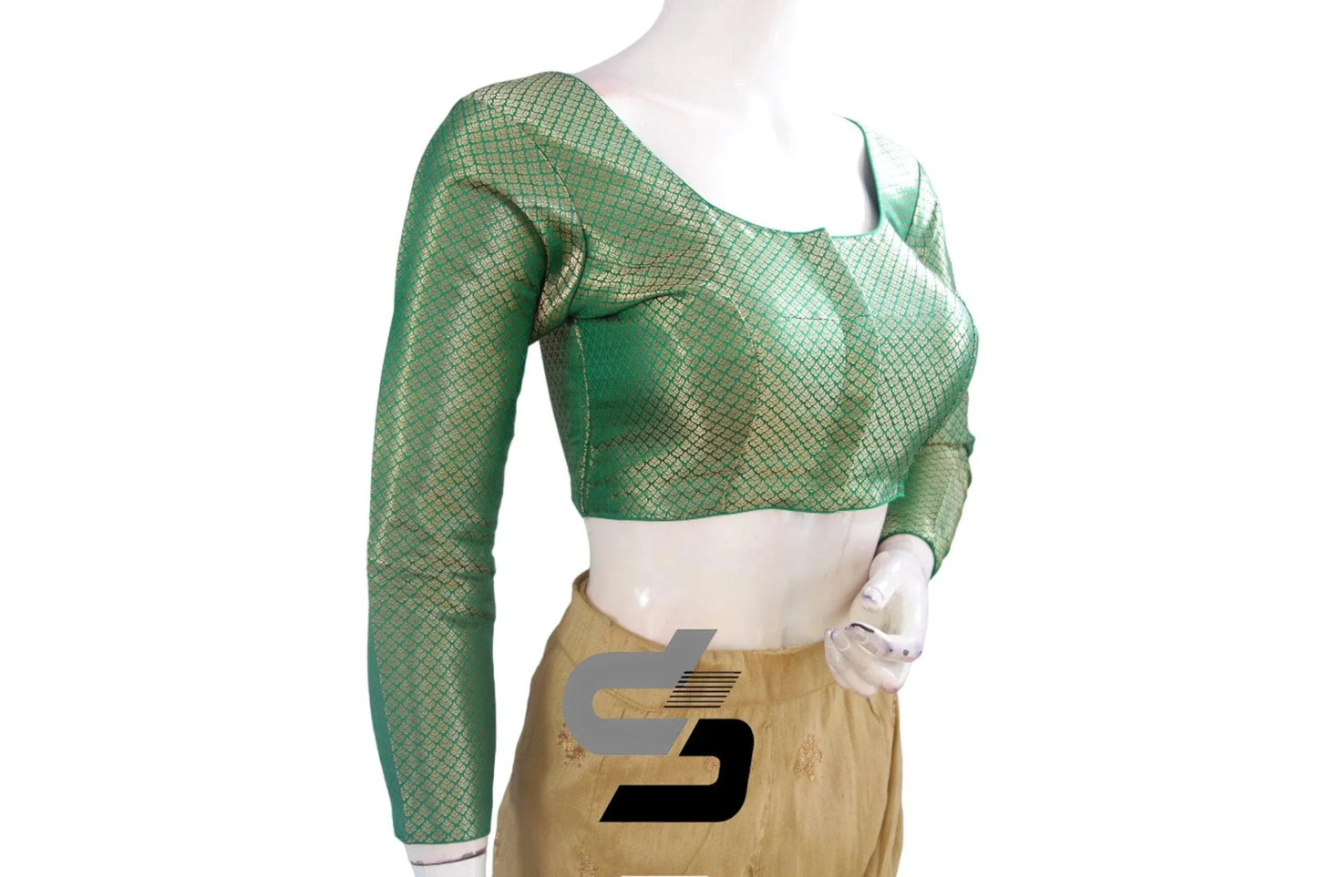 Green Saree Blouse, Premium Brocade Readymade Saree Blouse, Indian Choli Top Online - D3blouses