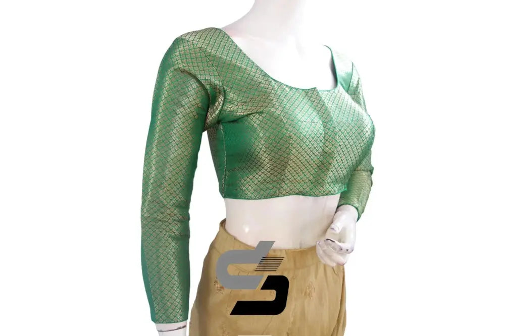 Green Saree Blouse, Premium Brocade Readymade Saree Blouse, Indian Choli Top Online - D3blouses