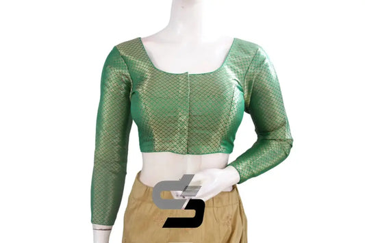 Green Saree Blouse, Premium Brocade Readymade Saree Blouse, Indian Choli Top Online - D3blouses