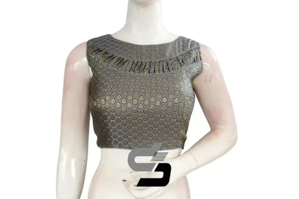Grey Boat Neck Brocade Silk Readymade Saree Blouse (Princess Cut) Readymade Blouse