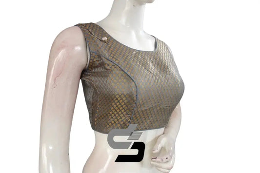 Grey Color Boat Neck Brocade silk Readymade saree blouse, Indian Readymade blouse, Crop top, - D3blouses