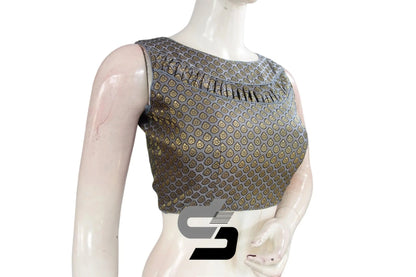 Grey Color Boat Neck Brocade silk Readymade saree blouse, Indian Readymade blouse, Crop top, - D3blouses
