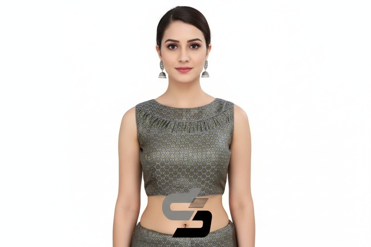 Front view of grey boat neck brocade silk readymade saree blouse with princess cut fit