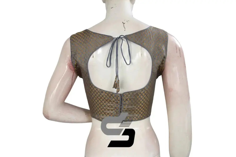 Grey Color Boat Neck Brocade silk Readymade saree blouse, Indian Readymade blouse, Crop top, - D3blouses