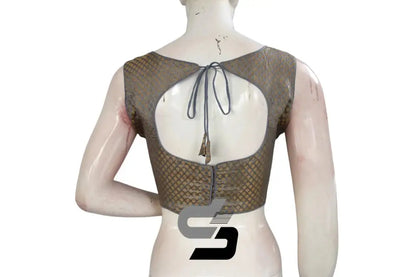 Grey Color Boat Neck Brocade silk Readymade saree blouse, Indian Readymade blouse, Crop top, - D3blouses