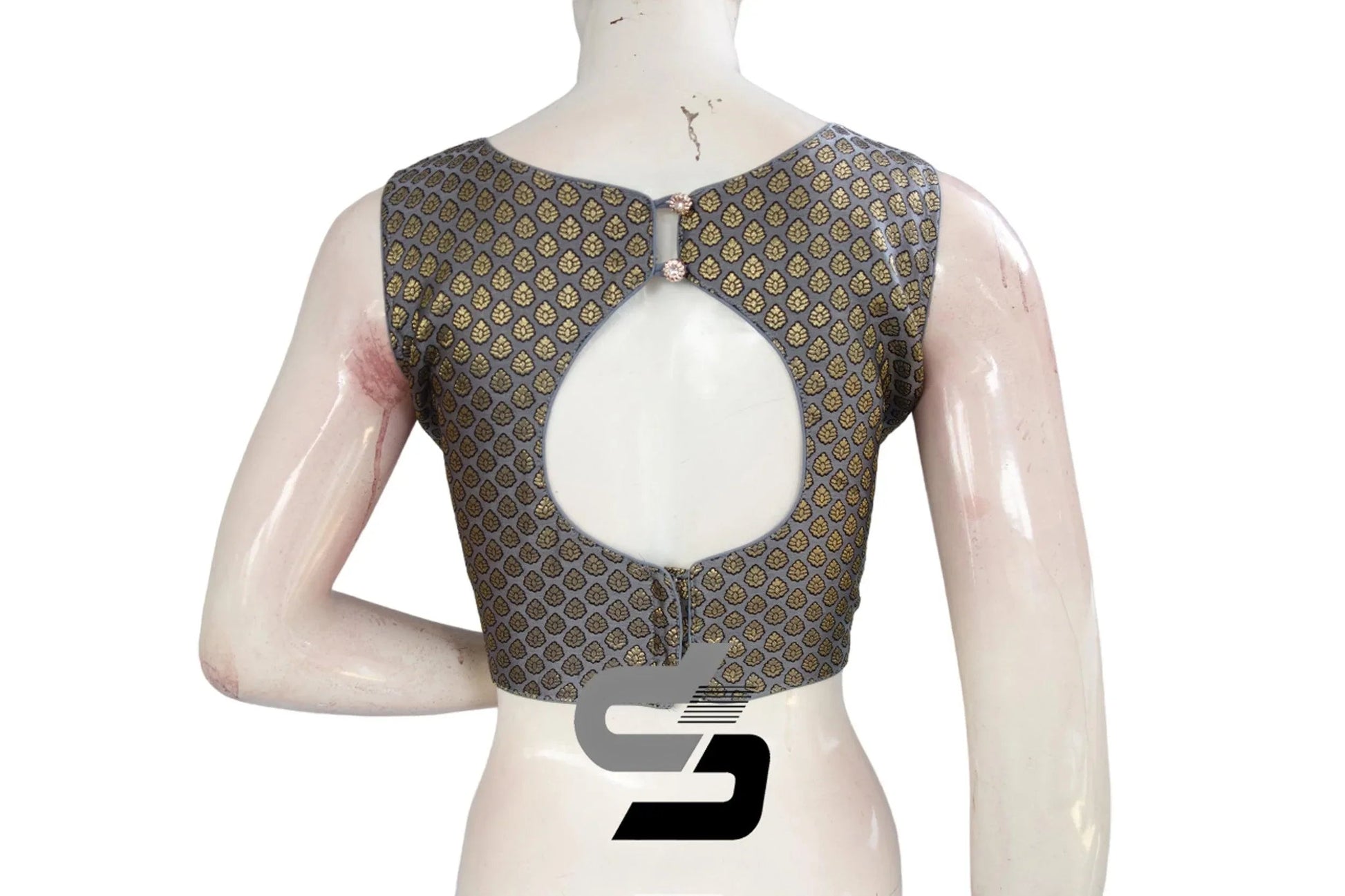 Grey Color Boat Neck Brocade silk Readymade saree blouse, Indian Readymade blouse, Crop top, - D3blouses