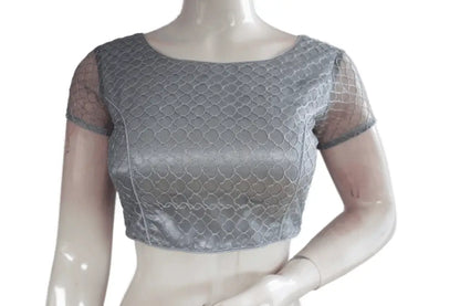 Grey Color Boat Neck Designer Embroidery Netted Readymade Saree Blouse - D3blouses