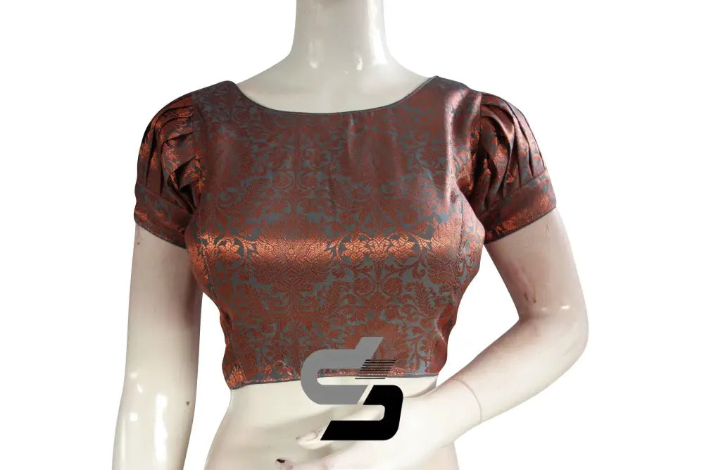 Grey Color Brocade Puff Sleeves Readymade Saree Blouse With Boat Neck - D3blouses