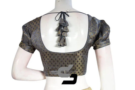 Grey Color Brocade Silk Puff Sleeves Readymade Saree Blouse - D3blouses