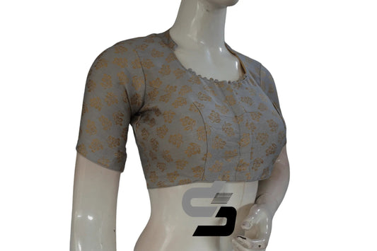 Grey Color Brocade Silk With Designer Collar Neck Readymade saree blouse - D3blouses