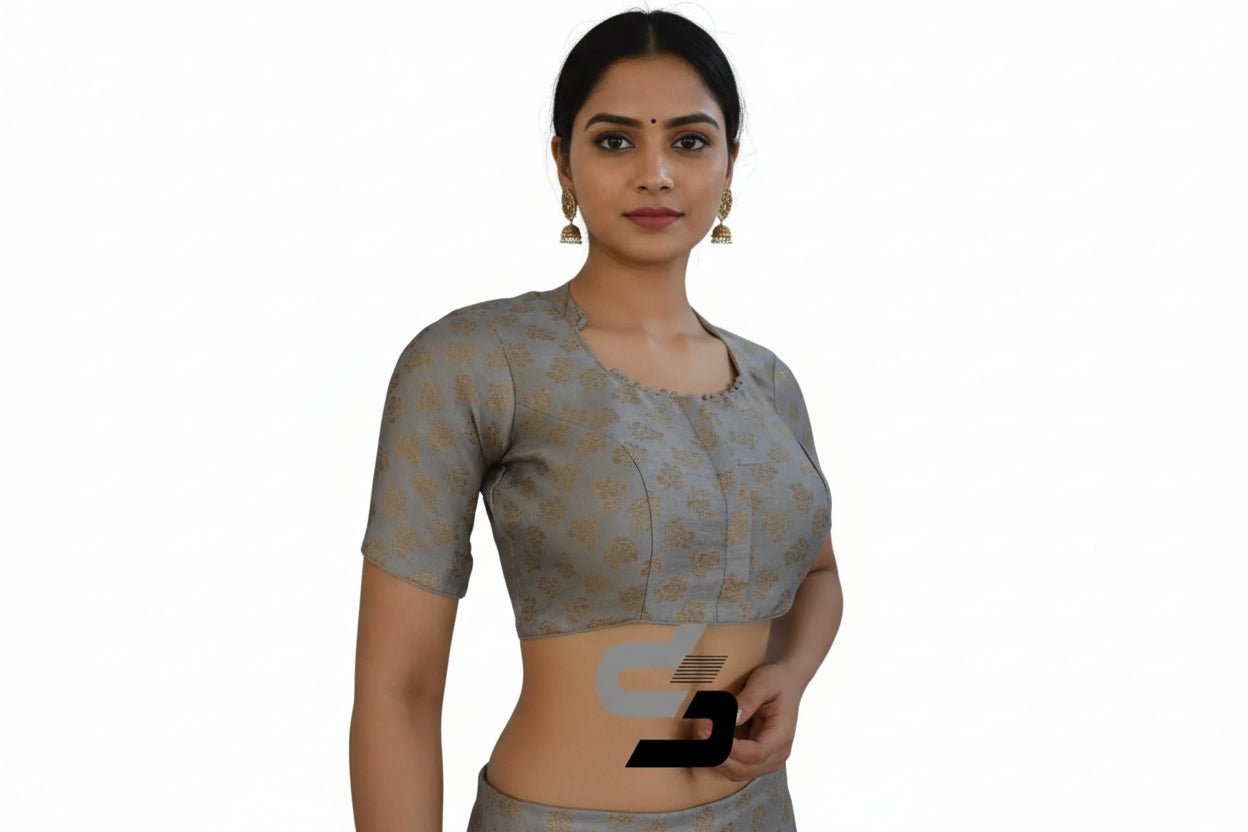 Close up of high neck collar design and silver grey brocade patterns