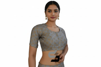 Close up of high neck collar design and silver grey brocade patterns