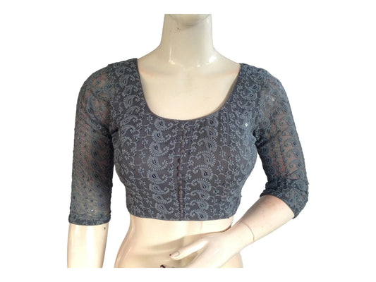 Grey Color Chikankari Embroided Readymade Saree Blouse - D3blouses