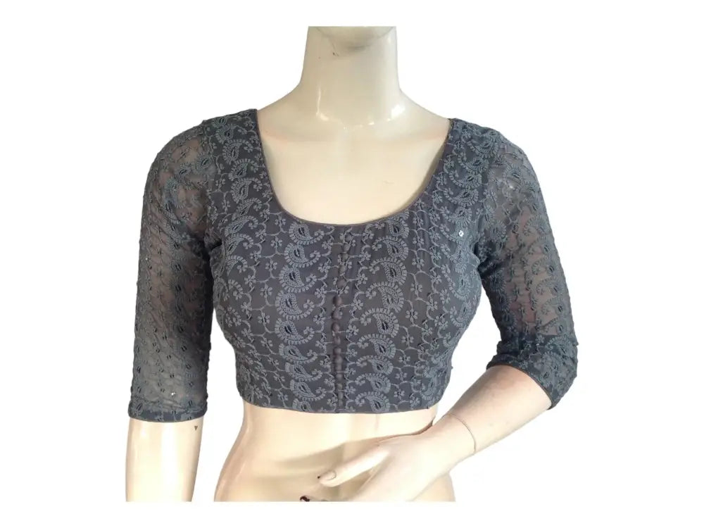 Grey Color Chikankari Embroided Readymade Saree Blouse - D3blouses