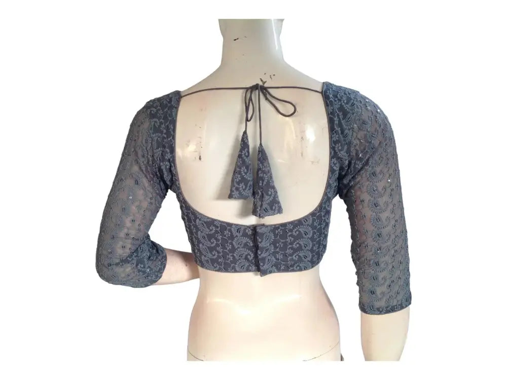 Grey Color Chikankari Embroided Readymade Saree Blouse - D3blouses