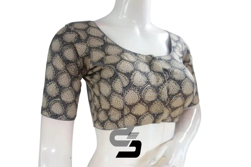 Grey Color Cotton Printed Readymade Saree Blouse - D3blouses