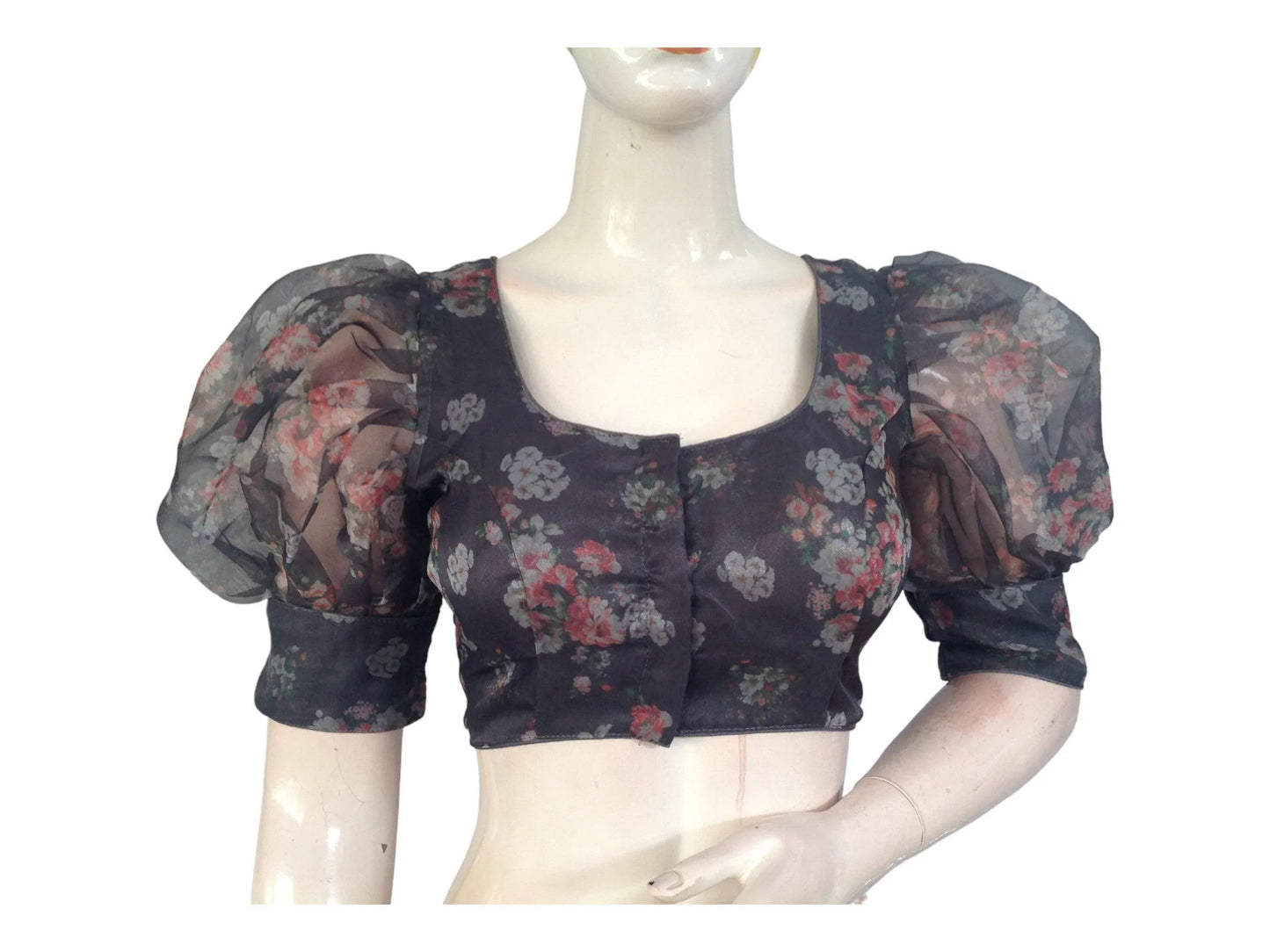 Grey Color Designer Organza Balloon Sleeves Readymade Saree Blouse - D3blouses