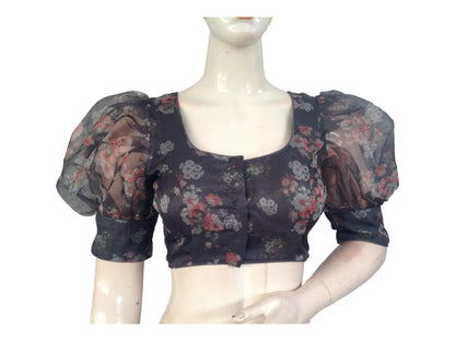 Grey Color Designer Organza Balloon Sleeves Readymade Saree Blouse - D3blouses