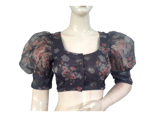 Grey Color Designer Organza Balloon Sleeves Readymade Saree Blouse - D3blouses