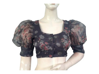 Grey Color Designer Organza Balloon Sleeves Readymade Saree Blouse - D3blouses