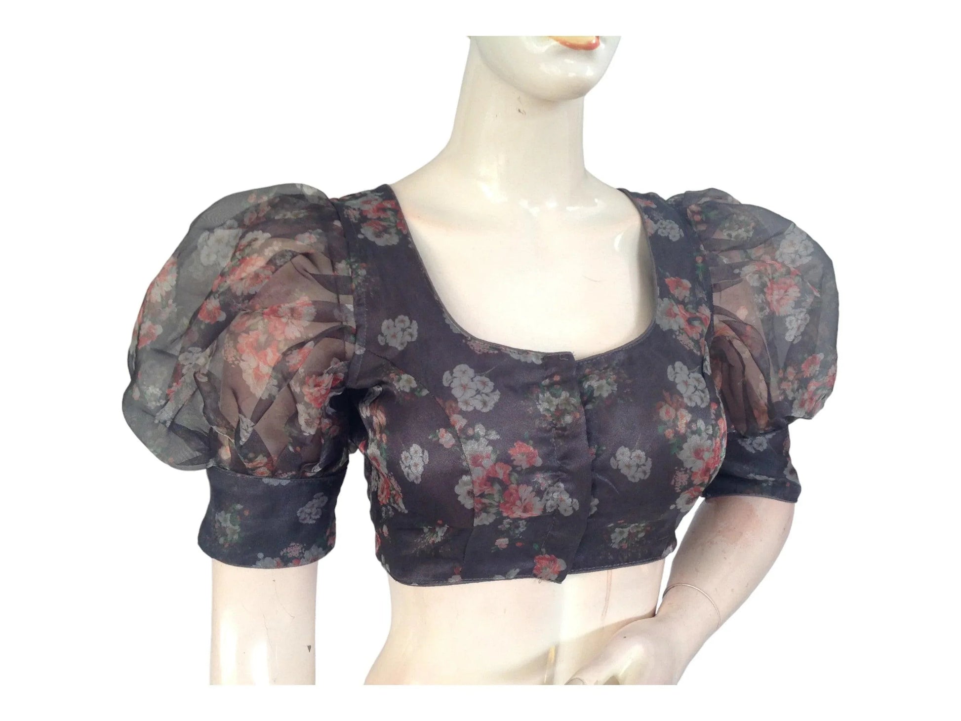 Grey Color Designer Organza Balloon Sleeves Readymade Saree Blouse - D3blouses