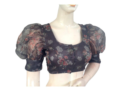 Grey Color Designer Organza Balloon Sleeves Readymade Saree Blouse - D3blouses