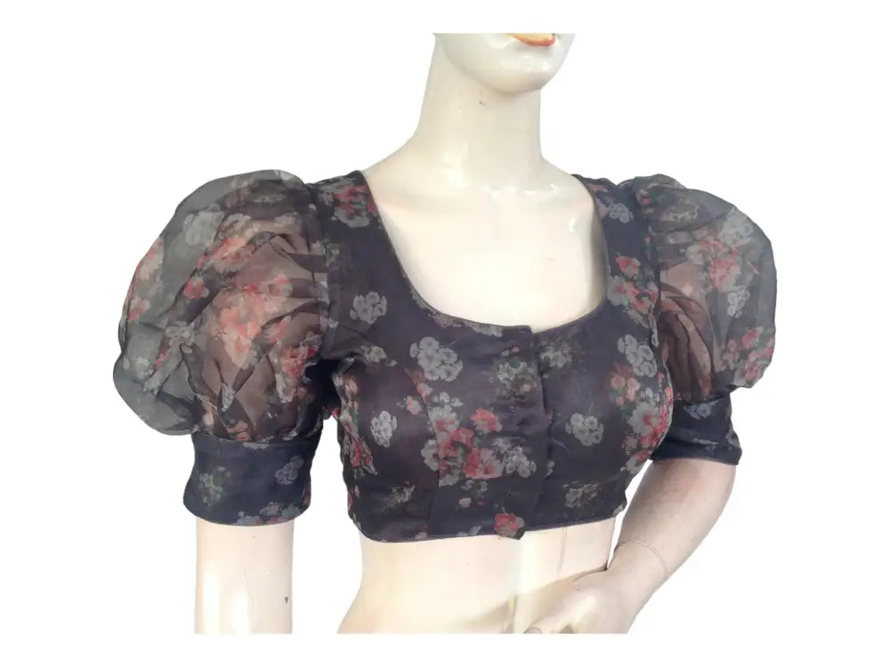 Grey Color Designer Organza Balloon Sleeves Readymade Saree Blouse - D3blouses