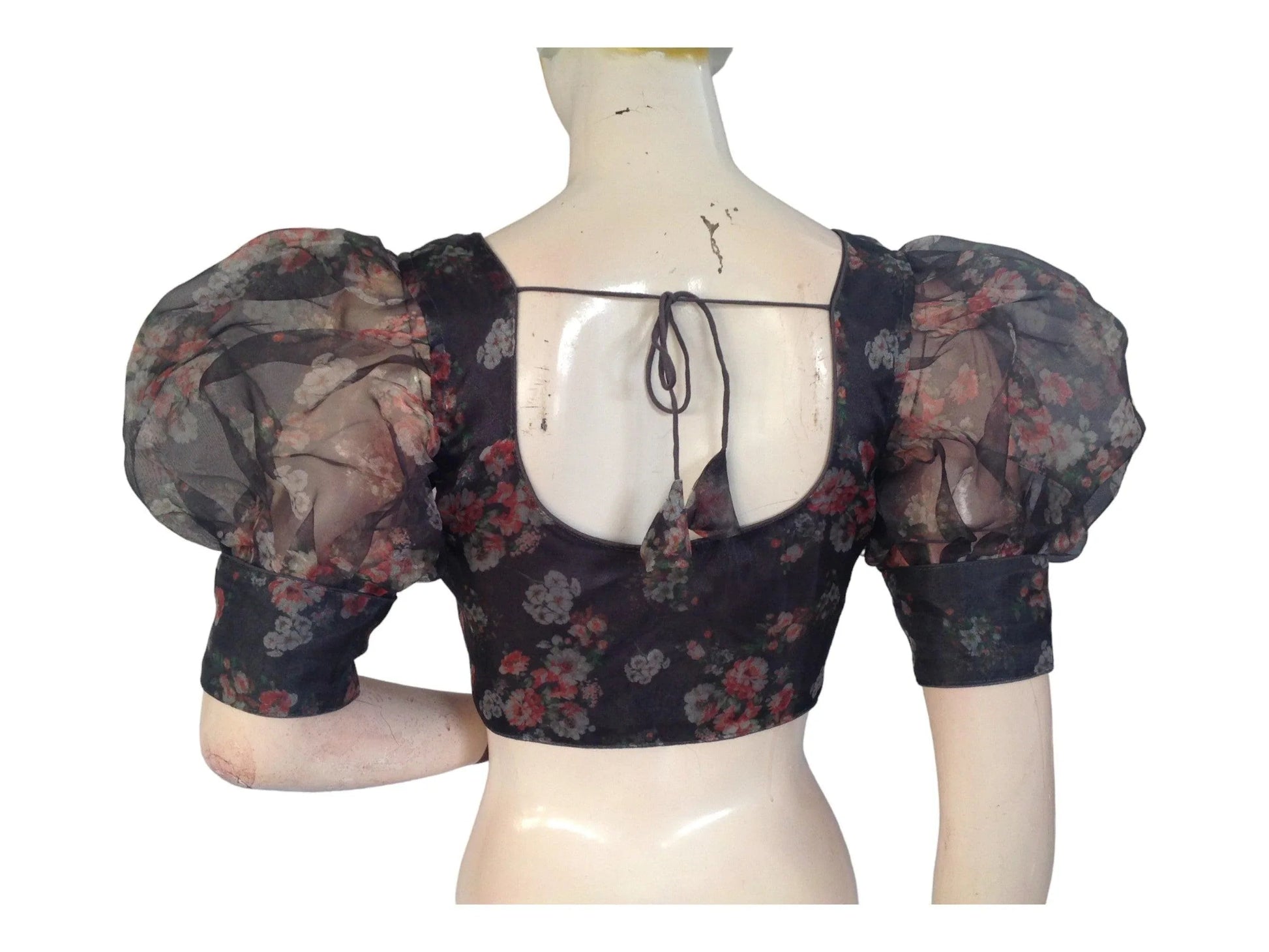 Grey Color Designer Organza Balloon Sleeves Readymade Saree Blouse - D3blouses