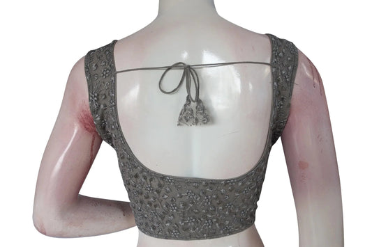 Grey Color Netted Embroidery Designer Readymade Saree Blouse - D3blouses