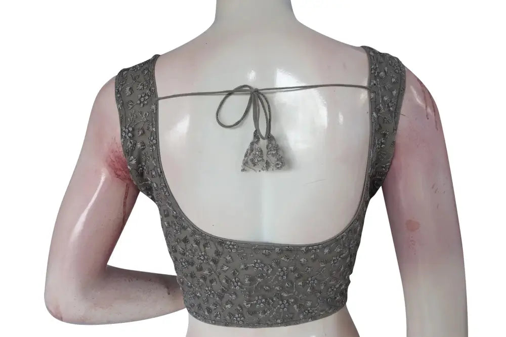 Grey Color Netted Embroidery Designer Readymade Saree Blouse - D3blouses