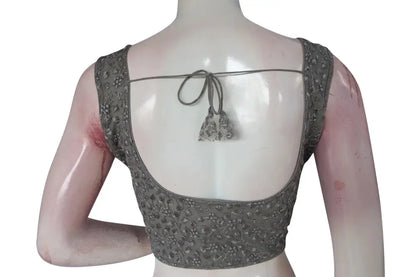 Grey Color Netted Embroidery Designer Readymade Saree Blouse - D3blouses