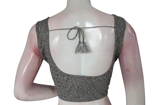Grey Color Netted Embroidery Designer Readymade Saree Blouse - D3blouses