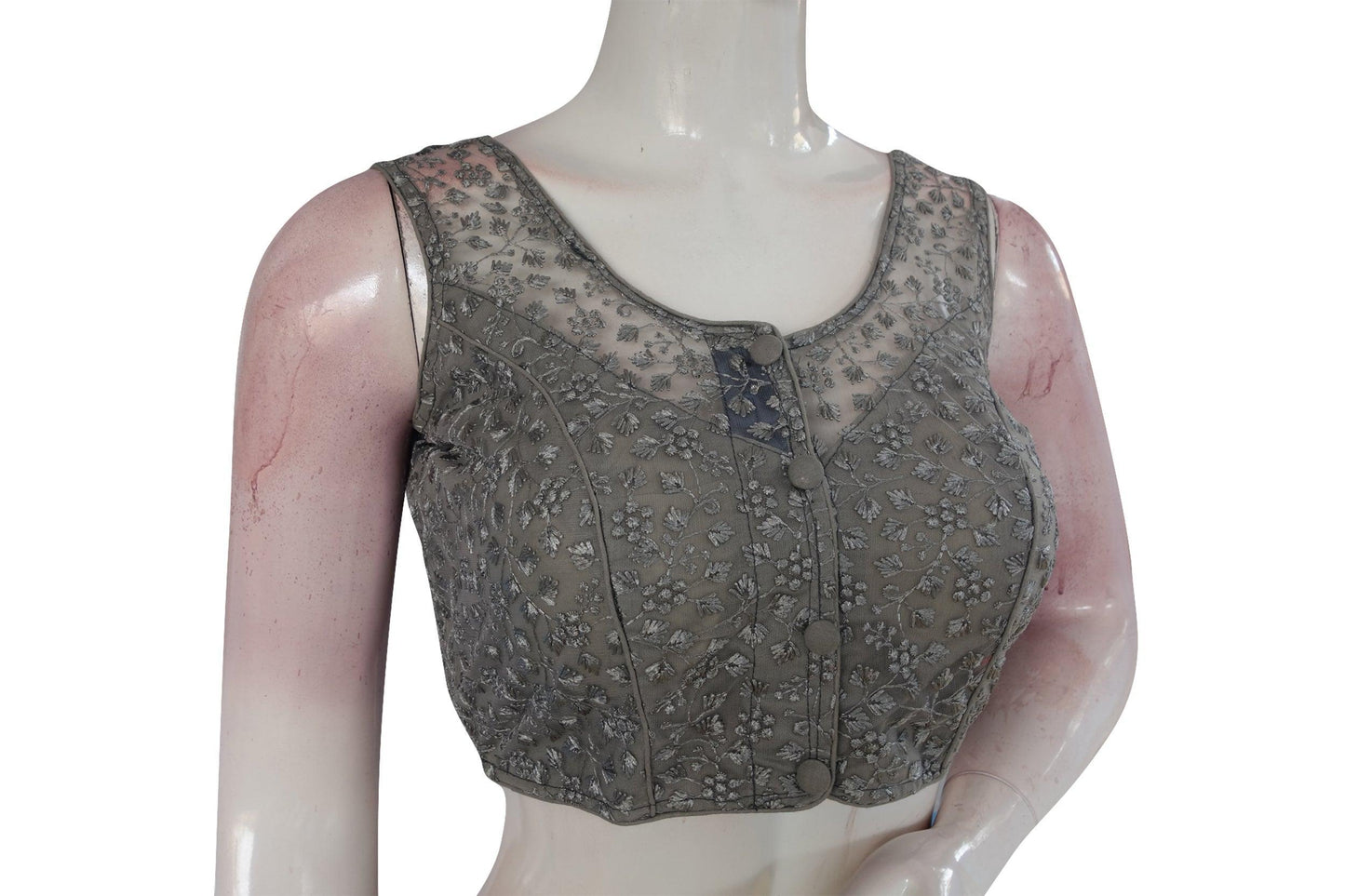 Grey Color Netted Embroidery Designer Readymade Saree Blouse - D3blouses