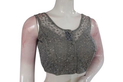 Grey Color Netted Embroidery Designer Readymade Saree Blouse - D3blouses