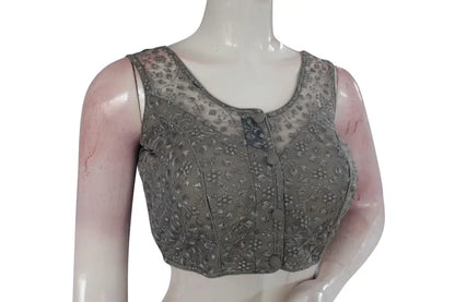Grey Color Netted Embroidery Designer Readymade Saree Blouse - D3blouses