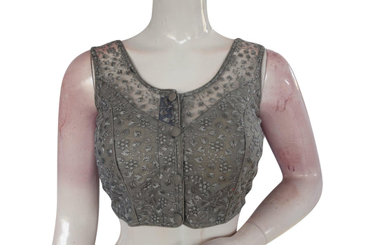 Grey Color Netted Embroidery Designer Readymade Saree Blouse - D3blouses