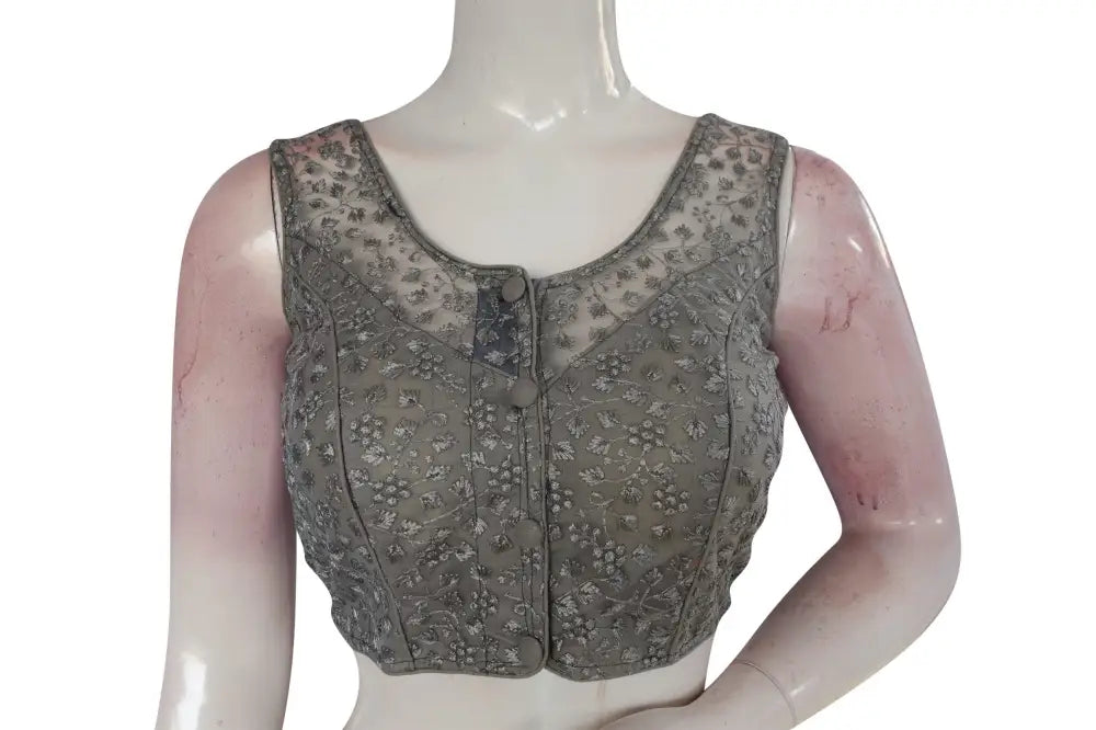 Grey Color Netted Embroidery Designer Readymade Saree Blouse - D3blouses