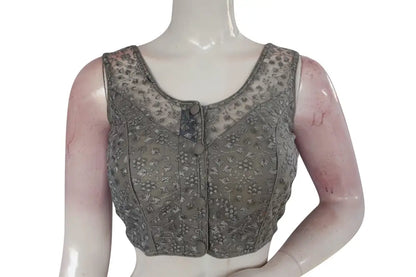 Grey Color Netted Embroidery Designer Readymade Saree Blouse - D3blouses